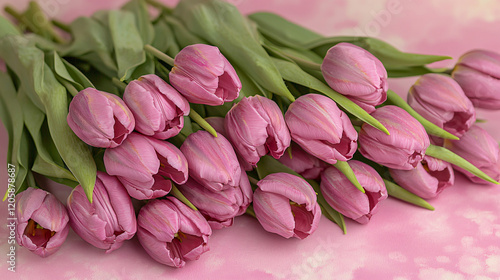 A stunning bouquet of pink tulips laid on a pink pastel background, capturing the essence of spring beauty. 