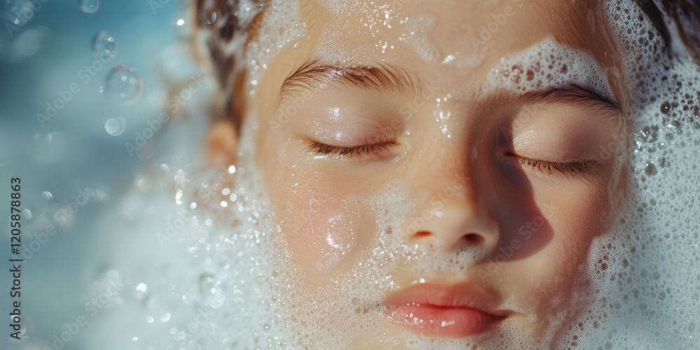 A young child with closed eyes is immersed in a bubble bath, appreciating the sensory experience of warm water and foamy bubbles while relaxing at home in the afternoon. A young child with closed eyes is immersed in a bubble bath, appreciating the sensory experience of warm water and foamy bubbles while relaxing at home in the afternoon.