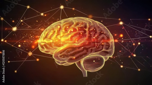3D Rendering of Human Brain with Glowing Data Streams