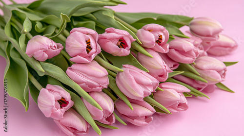 A stunning bouquet of pink tulips laid on a pink pastel background, capturing the essence of spring beauty. 