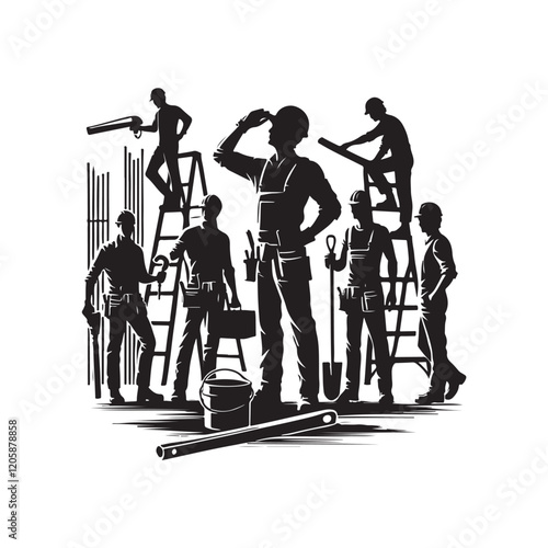 Black Color Construction workers silhouette design Vector Illustration, Solid White Background (4).eps