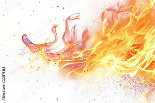 Flames in various shades of orange and yellow swirl and dance, creating an energetic and captivating display against a textured white background photo