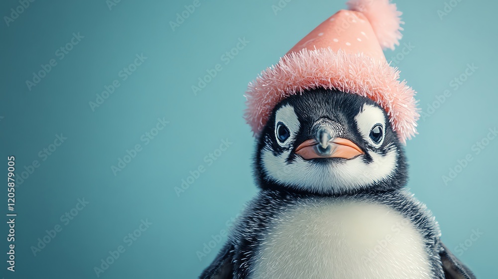 Fototapeta premium Penguin in a party hat, turquoise background, minimalistic