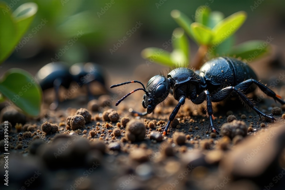 Swarm of small dark insects crawling on the damp ground, larvae swarm, insects on ground Swarm of small dark insects crawling on the damp ground, larvae swarm, insects on ground