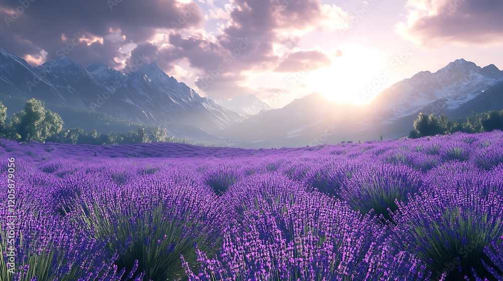 Obraz premium Scenic lavender field with mountains and sunrise in the background.
