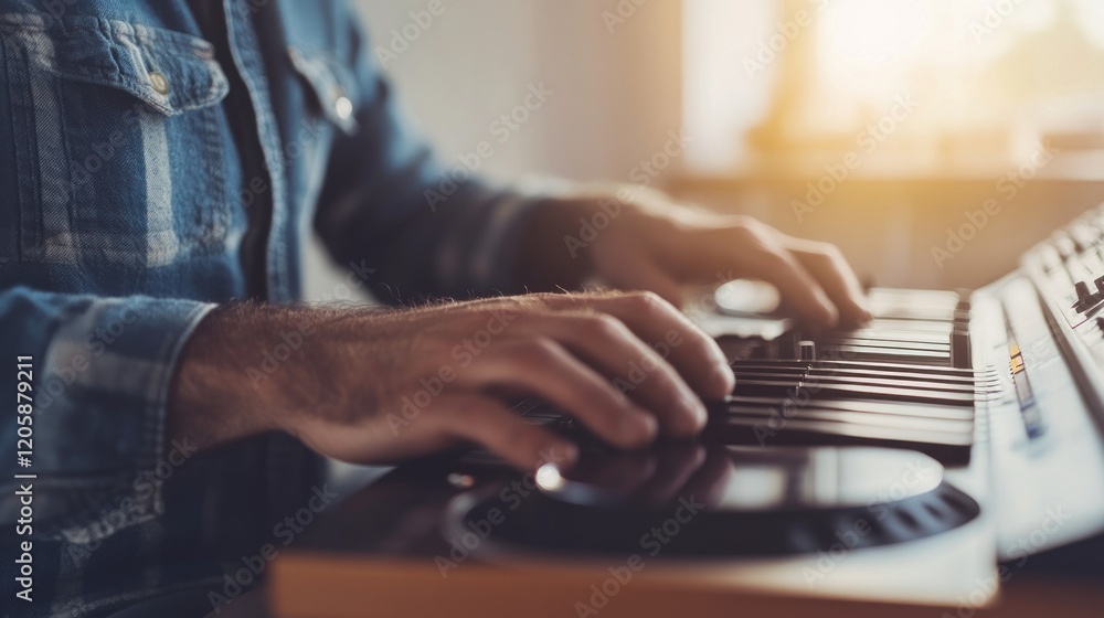 Man plays keyboard in sunlit home studio, music production Man plays keyboard in sunlit home studio, music production