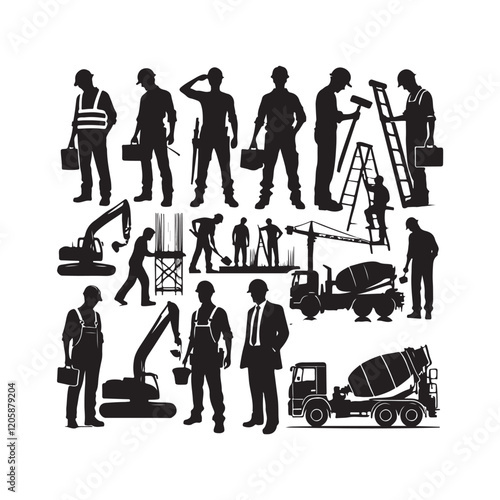 Black Color Construction workers silhouette design Vector Illustration, Solid White Background (19).eps