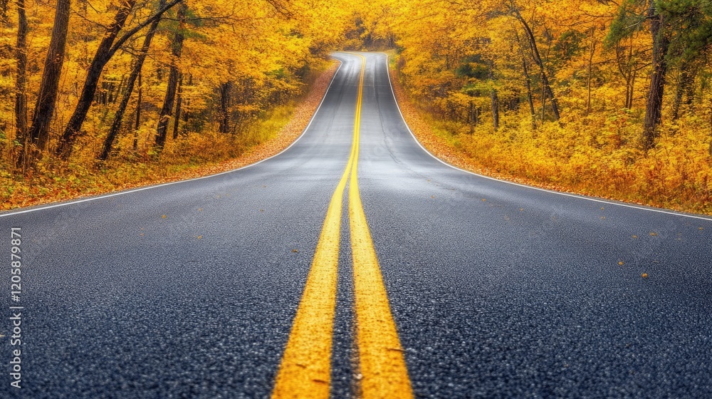 Naklejka premium Winding Autumn Road Through Golden Trees