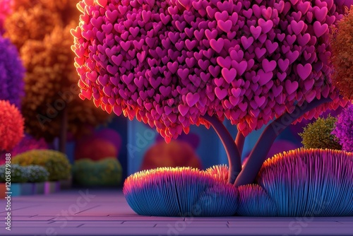 Vibrant heart-shaped trees in a colorful garden setting.