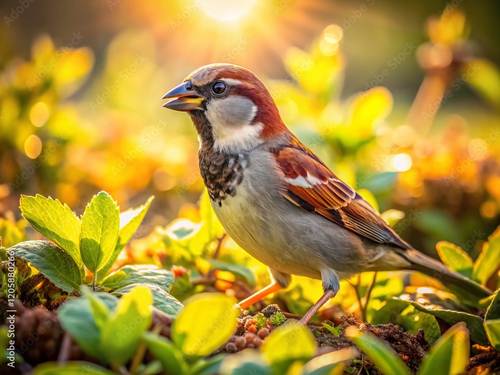 Fototapeta premium Drone View of House Sparrow Foraging - High-Resolution Stock Photo