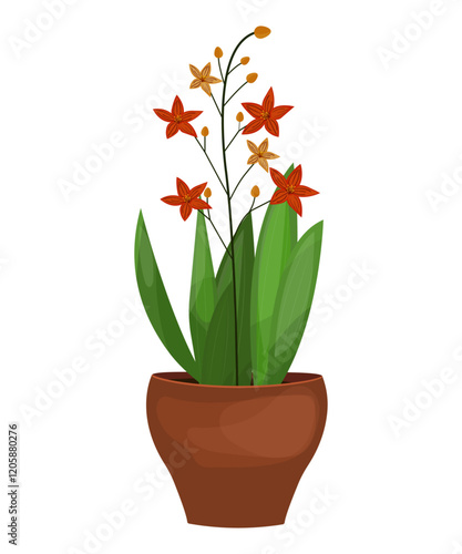 Houseplant lily flower in pot.  Hand-drawn for decoration of flower shop, office, home, store. Decorative indoor house plant isolated on transparent background. Editable vector illustration