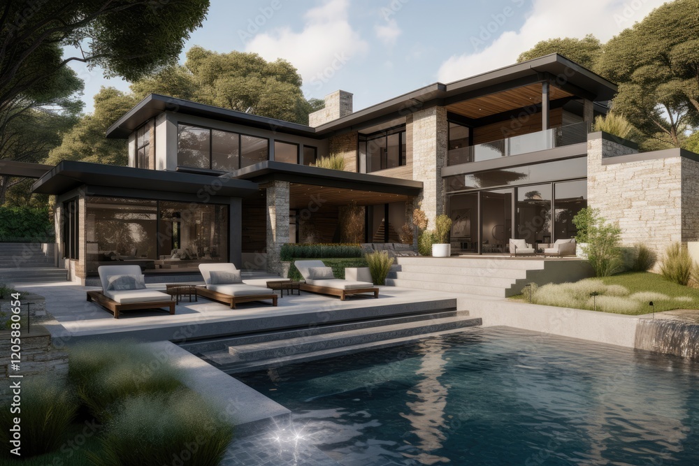 Fototapeta premium Modern House Design With Infinity Pool And Landscaping