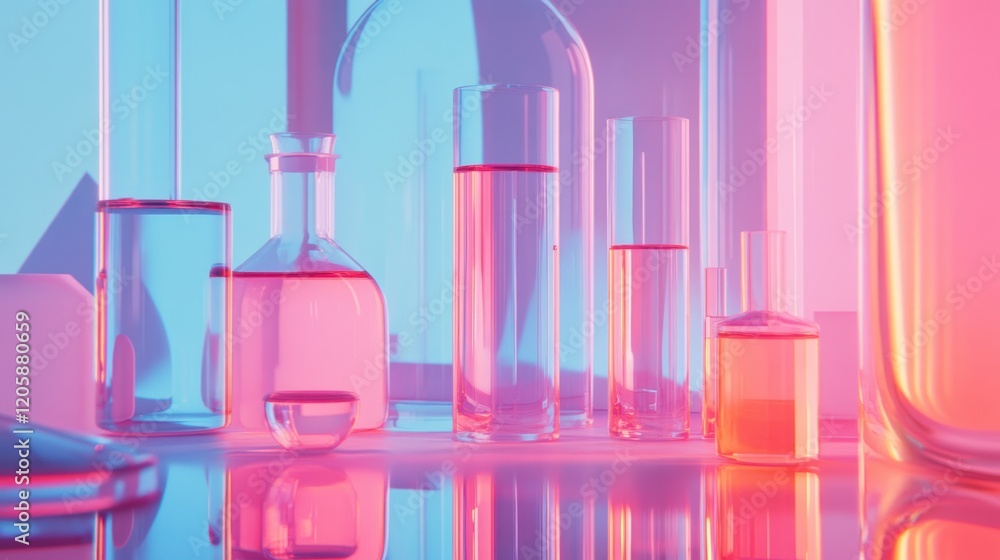 Pink blue lab glassware liquids studio reflection science Pink blue lab glassware liquids studio reflection science
