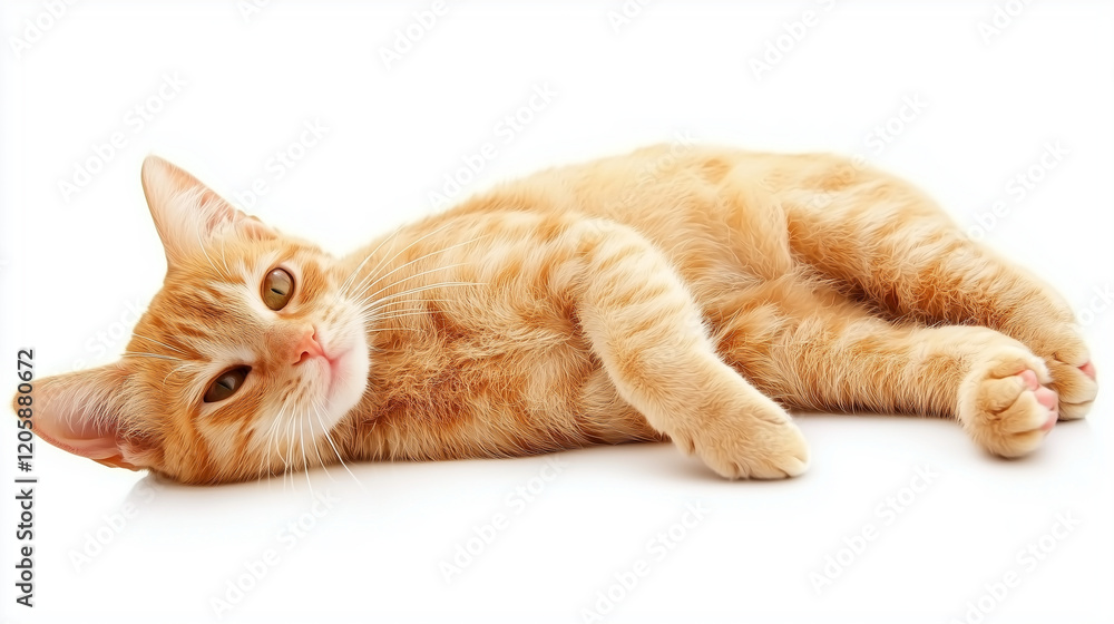 Fototapeta premium A cute ginger tabby cat with fur sitting on a white background, looking playful and adorable