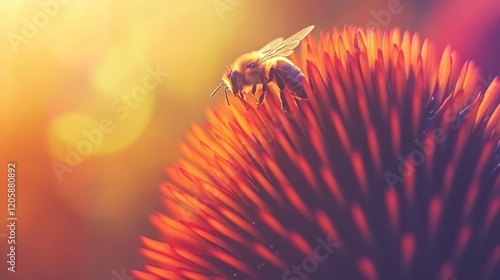 Bee pollinating red flower sunset garden nature