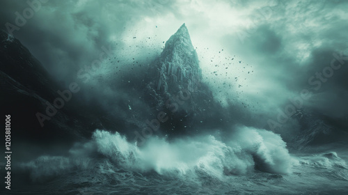 Fototapeta Naklejka Na Ścianę i Meble -  A colossal iceberg breaking apart in a turbulent storm, sharp ice shards suspended mid-air, waves crashing violently against its base