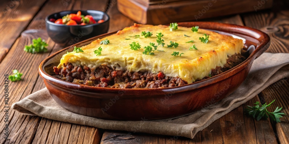 Traditional Brazilian Shepherd's Pie made with layers of dried beef in a rustic ceramic dish , dish, dried, dish, dried Traditional Brazilian Shepherd's Pie made with layers of dried beef in a rustic ceramic dish , dish, dried, dish, dried