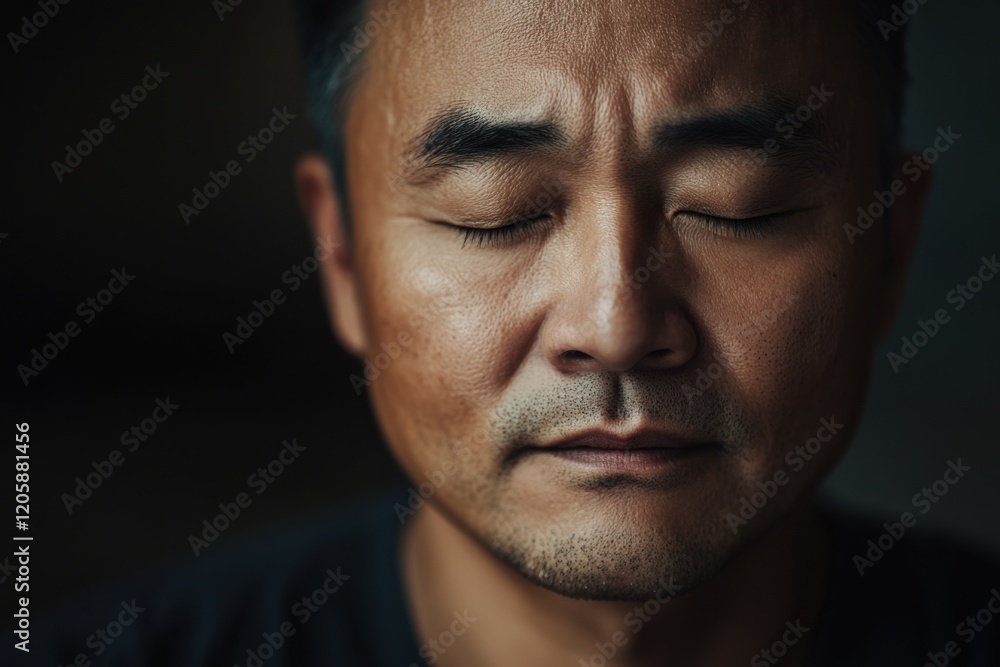 Fototapeta premium Man maditating, breathing and relax with peace in nature for exercise, asian middle aged male person, workout or zen for mental wellness.
