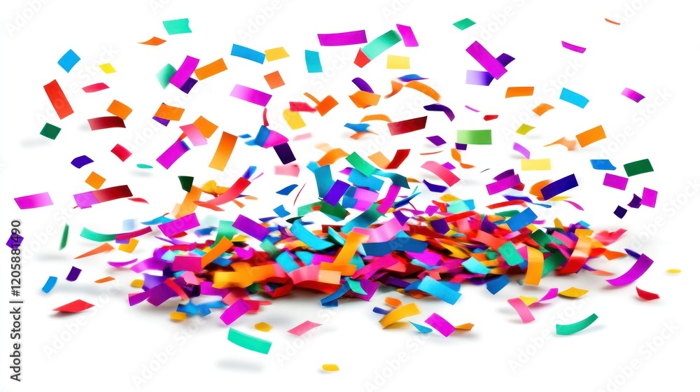 Colorful confetti explosion on white background, celebration, party, festive Colorful confetti explosion on white background, celebration, party, festive