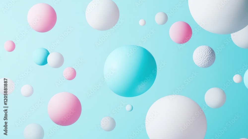 Pastel spheres floating, blue background, 3D render, website banner Pastel spheres floating, blue background, 3D render, website banner