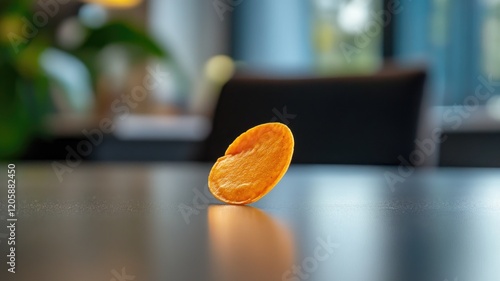 Single orange crisp on table, with blurred background photo