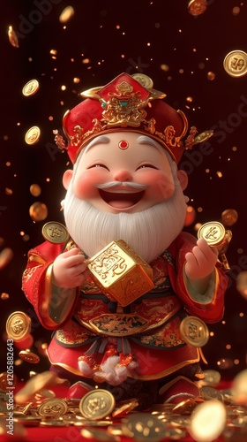 God of Wealth with Gold Coins, Symbol of Prosperity and New Year Blessings  .