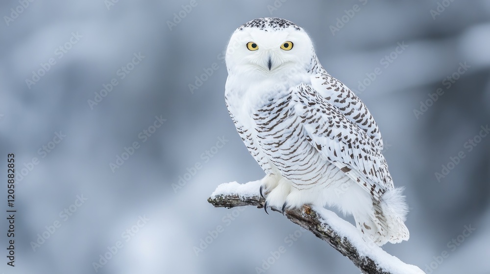 Fototapeta premium Snowy owl perched on a frosty branch, a winter portrait.