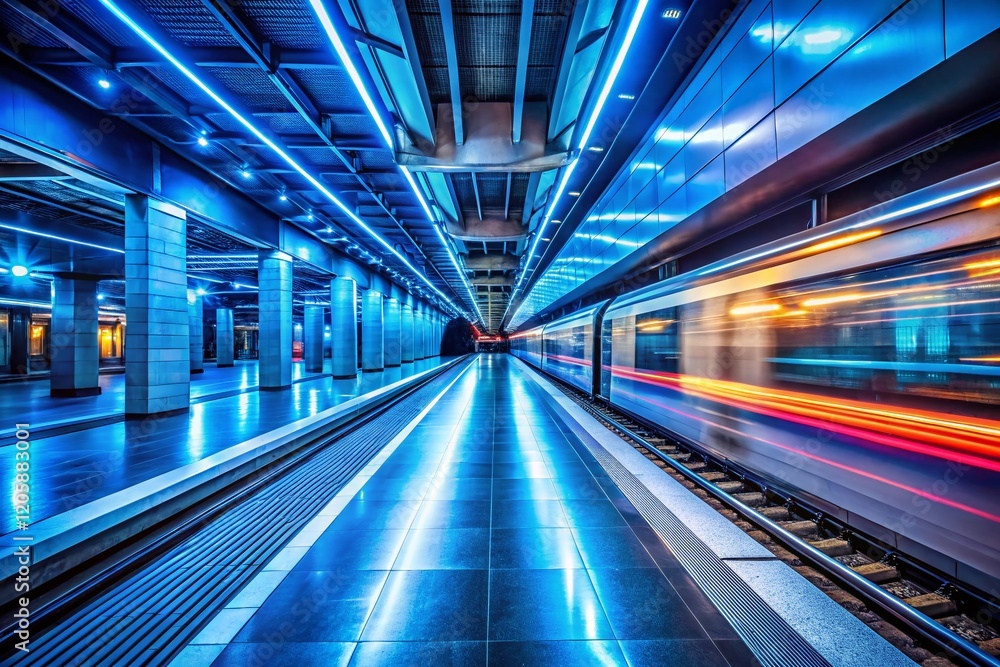 Fototapeta premium Dynamic Light Trails: Empty Underground Metro Station at Night - Blue Illumination Long Exposure Drone Shot