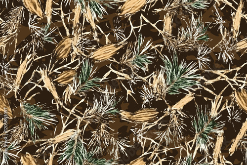 Realistic forest camouflage. Seamless pattern. Tree, branches, green and brown oak leaves. Gray blur background. Useable for hunting and military purposes.