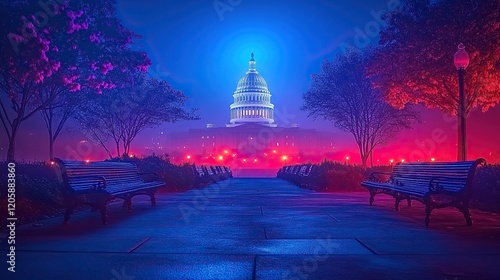 Foggy Capitol Building at night, benches, colorful trees, DC