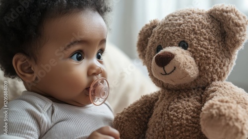 Baby Curiously Gazing at a Soft Teddy Bear