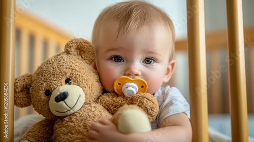 Baby with Teddy Bear and Pacifier in Crib
