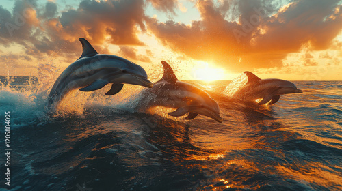 Dolphins jumping in ocean waves during sunset, creating stunning scene of nature beauty and joy. vibrant colors of sky enhance lively atmosphere photo