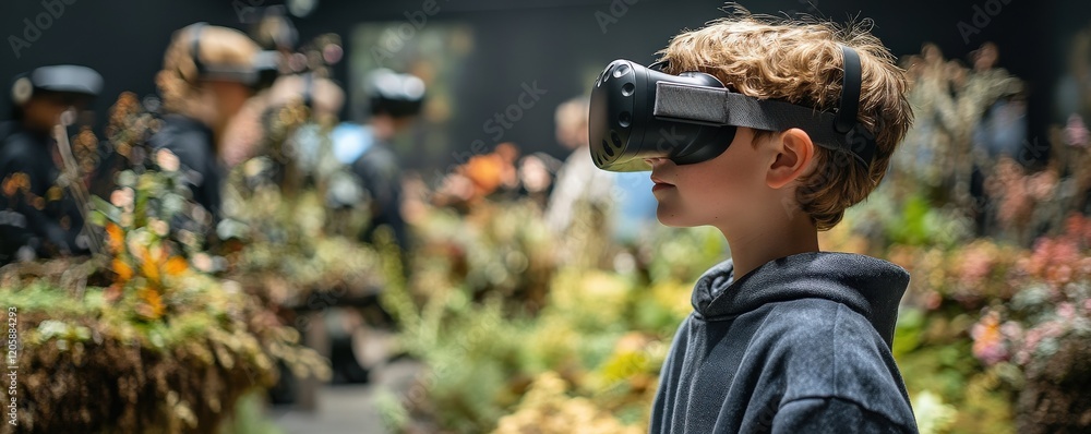 A child wearing a VR headset explores a vibrant, nature-themed exhibition filled with plants and greenery. A child wearing a VR headset explores a vibrant, nature-themed exhibition filled with plants and greenery.