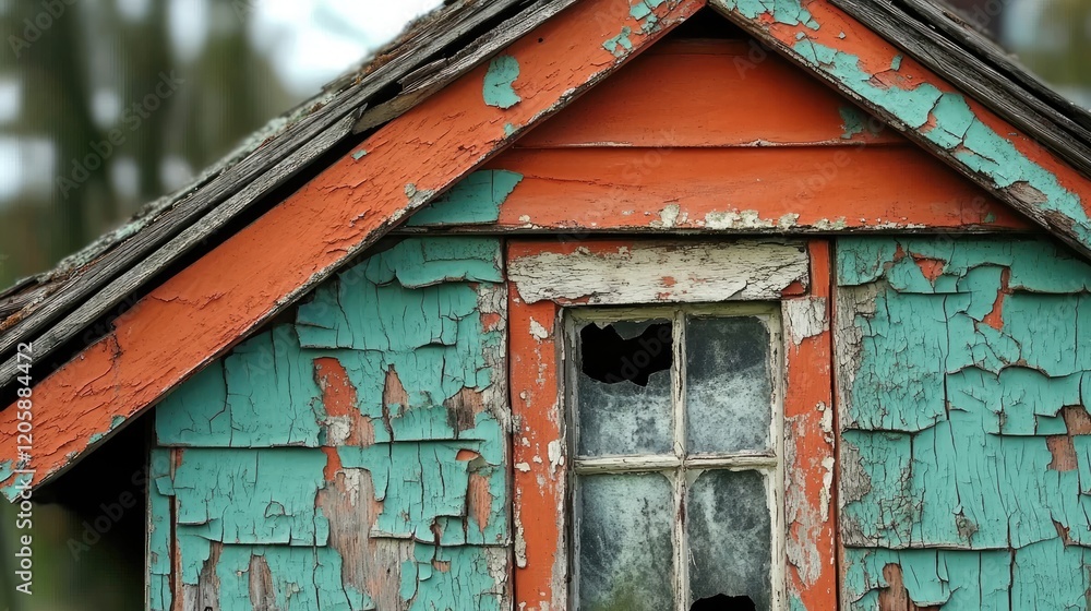 Weathered Gable Shed With Peeling Paint And Broken Window Weathered Gable Shed With Peeling Paint And Broken Window