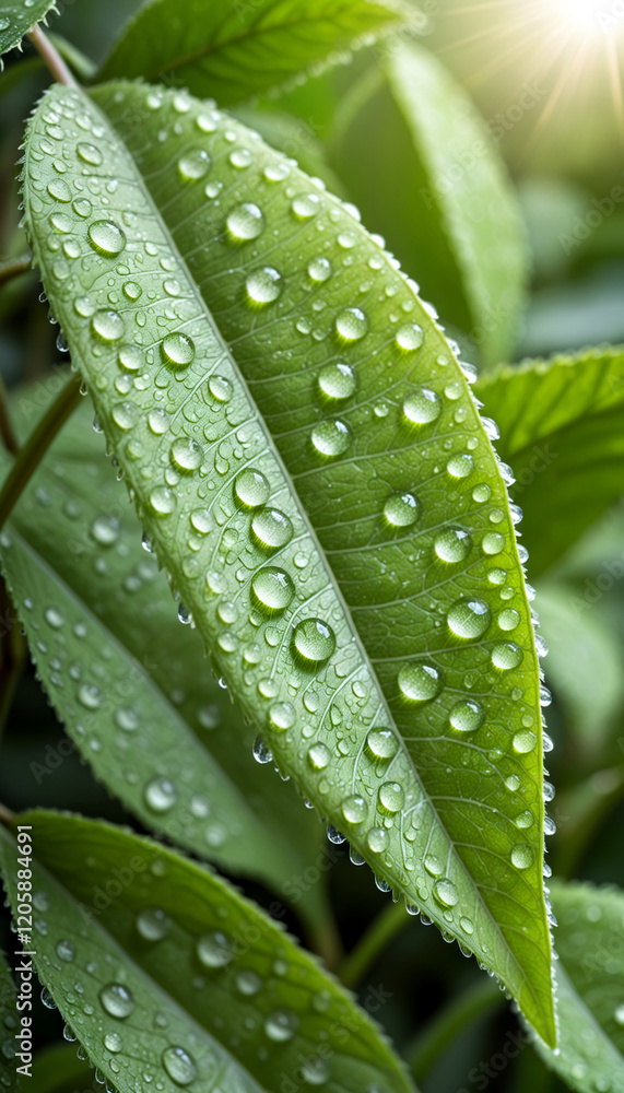 Rain drops on fresh green leaf. Close up. Rain drops on fresh green leaf. Close up.