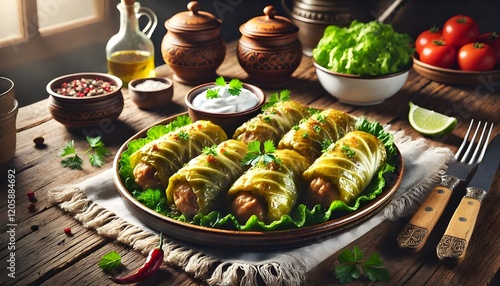 A traditional Romanian dish of sarmale. Cabbage rolls, made with a filling of minced meat, rice and spices, wrapped in sour cabbage leaves.