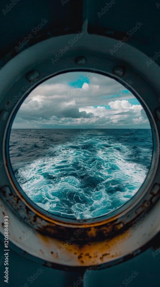 A view of the stormy sea through a ship's porthole, conveying a sense of adventure and freedom. Great for travel brochures, sea voyages and nature literature.