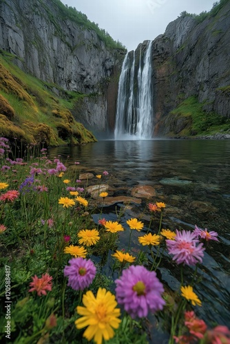 Waterfall cascading through cliffs surrounded by colorful flowers in a serene natural setting
