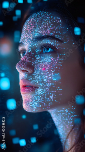 Female silhouette backlit, digital matrix overlaying facial features, representing technological transformation, AI neural network visualization