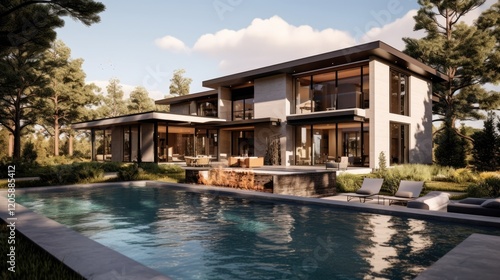 Wallpaper Mural Modern House with Pool and Lush Greenery Torontodigital.ca