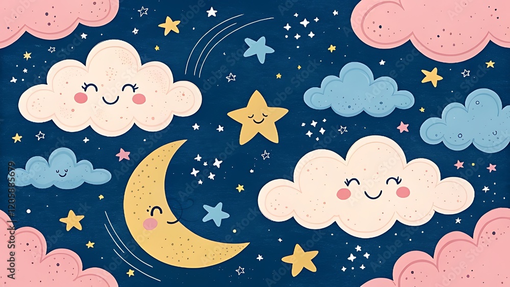 Whimsical night sky, fluffy pastel clouds, smiling crescent moons, twinkling stars, deep blue background Whimsical night sky, fluffy pastel clouds, smiling crescent moons, twinkling stars, deep blue background