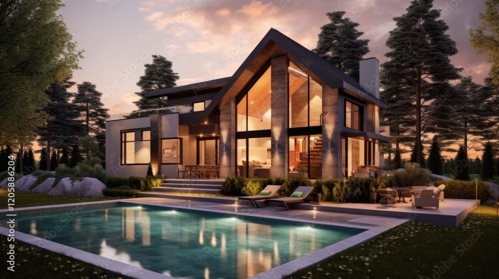 Modern Luxury Home with Pool and Evening Lighting Modern Luxury Home with Pool and Evening Lighting