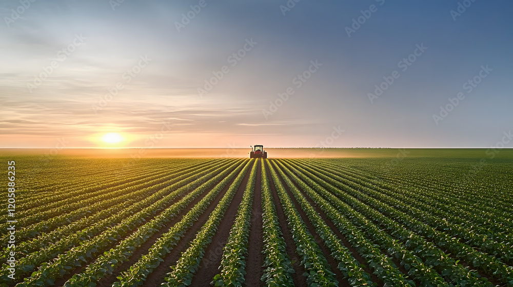 Tractor spraying a soybean field at sunset, highlighting sustainable farming practices, agricultural innovation, and the beauty of rural landscapes during golden hour.
Tractor spraying a soybean field at sunset, highlighting sustainable farming practices, agricultural innovation, and the beauty of rural landscapes during golden hour.