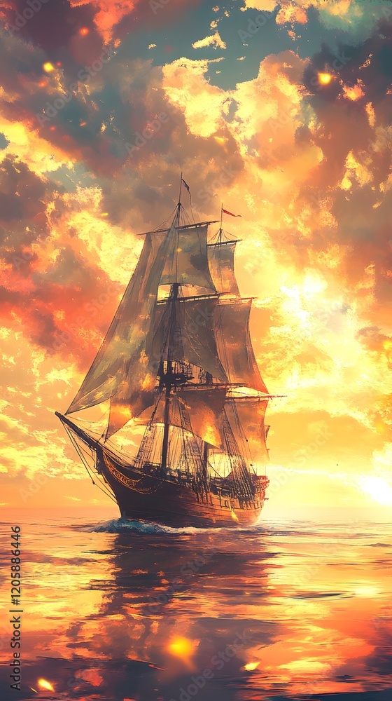 Obraz premium Ship sailing into the sunset 