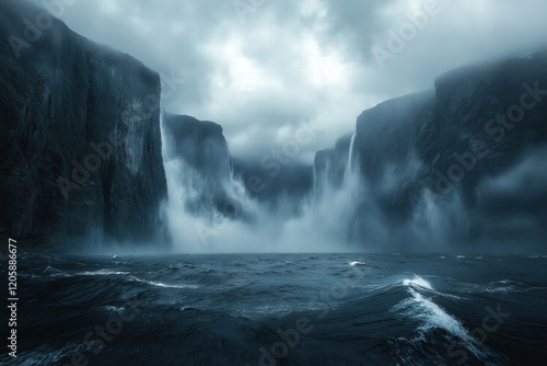 Dramatic coastal cliffs and cascading waterfalls under stormy skies at dusk