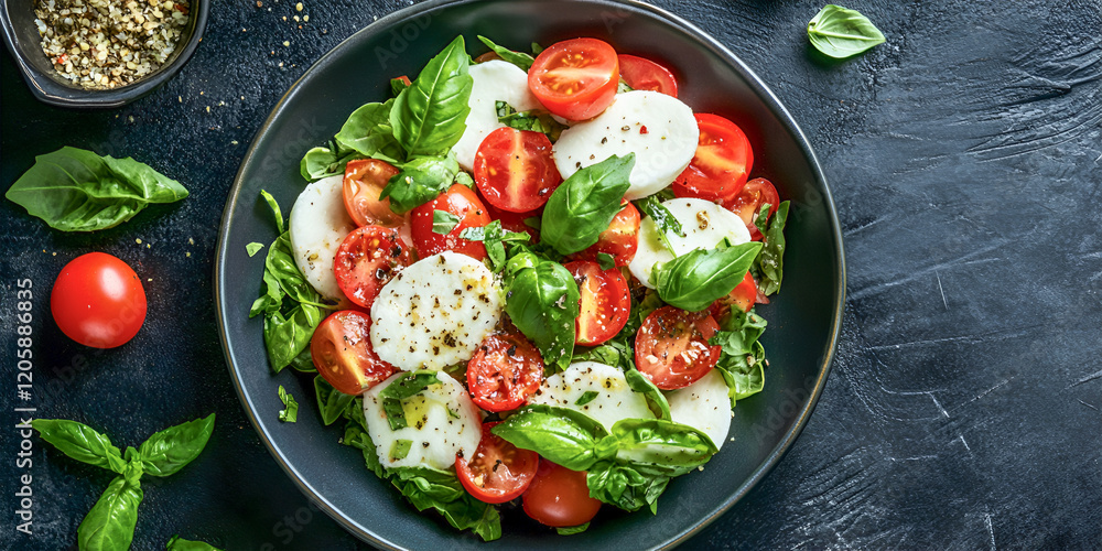 Italian caprese salad with sliced tomatoes, mozzarella cheese, basil, olive oil. Served on black plate over dark wood background. Top view. Rustic style. Italian caprese salad with sliced tomatoes, mozzarella cheese, basil, olive oil. Served on black plate over dark wood background. Top view. Rustic style.