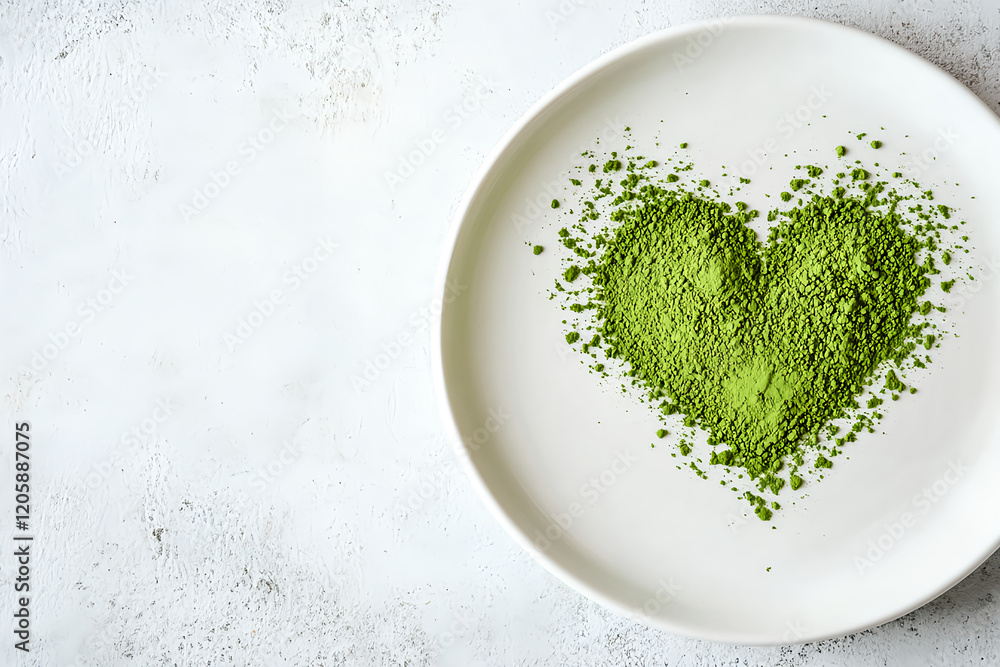 Heart shaped green powder on plate, symbolizing love for matcha tea Heart shaped green powder on plate, symbolizing love for matcha tea