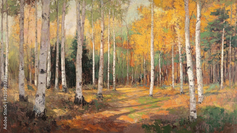 Fototapeta premium Autumnal Birch Forest Path Sunlight Dapples Through Trees