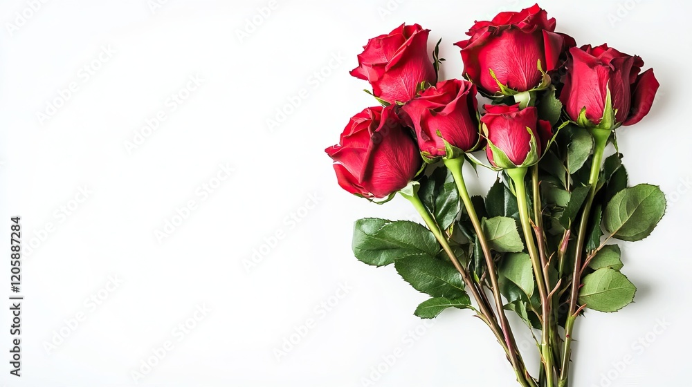 Bouquet of red roses on white background, perfect for Valentine's Day concept, with ample copy space for text and web design elements, ideal for romantic and elegant themes. Bouquet of red roses on white background, perfect for Valentine's Day concept, with ample copy space for text and web design elements, ideal for romantic and elegant themes.